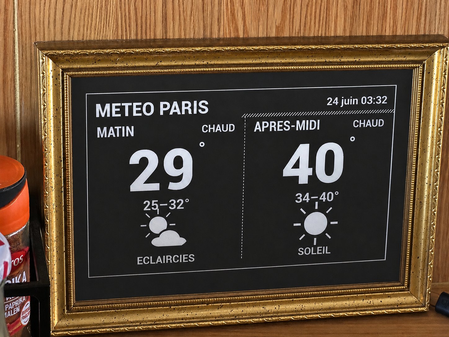 Cadre doré ancien affichant vingt-neuf degrés le matin et quarante l’après-midi.